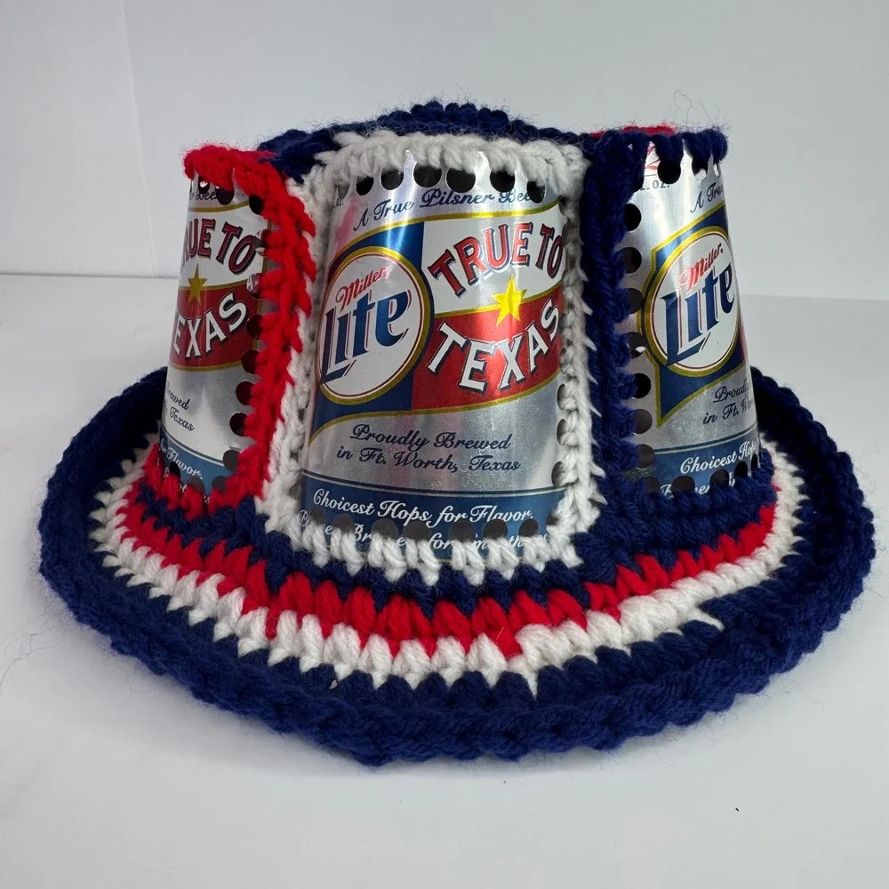 Vtg Handmade Miller Lite Beer Can Hat Adult OS Blue Red White Crochet Bucket Hat